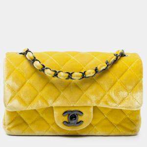 Pre Owned Chanel Yellow Mini Rectangular Classic Velvet Single Flap