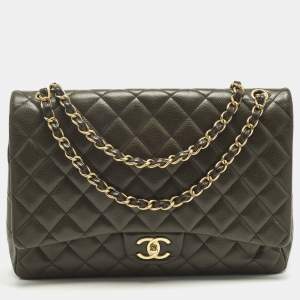 Pre Owned Chanel Classic Double Flap Maxi Green Quilted Caviar Leather Bag