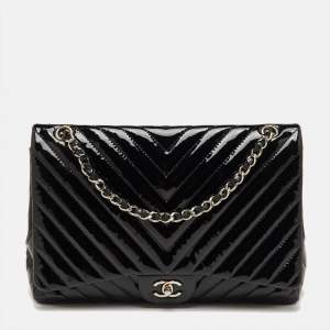 Pre Owned Chanel Black Chevron Patent Leather Maxi Classic Single Flap Bag