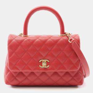 Pre Owned Chanel Matelasse Coco Handle Flap Red Calfskin Handbag 