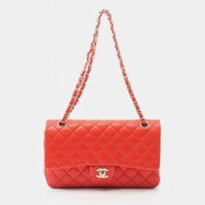 Pre Owned Chanel Matelasse Double Flap Shoulder Bag In Lambskin Leather Red