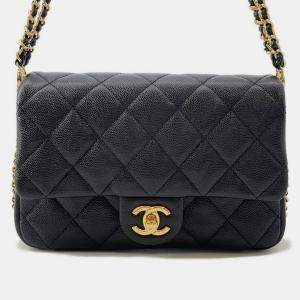 Pre Owned Chanel Mini Matelasse Caviar Leather Chain Shoulder Bag Black