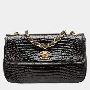 Pre Owned Chanel Coco Mark Crocodile Embossed Chain Shoulder Bag In Black Patent Leather