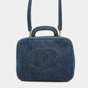 Pre Owned Chanel Handbag Coco Mark Blue Denim Vanity Bag