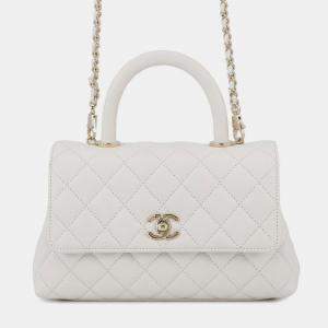 مملوكة مسبقًا Chanel Matelasse Handbag With Coco Mark And Handle Caviar Skin White