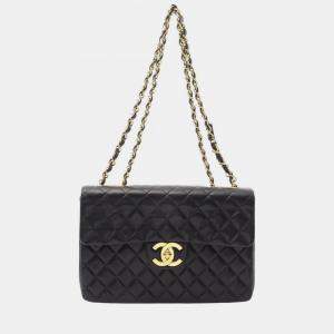 Pre Owned Chanel Deca Matelasse 34 Shoulder Bag Lambskin Leather Black