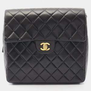 Pre Owned Chanel Matelasse Backpack Bag In Lambskin Leather Black