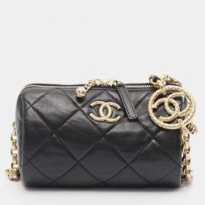 Pre Owned Chanel Mini Bowling Matelasse Shoulder Bag Lambskin (Sheepskin) Black