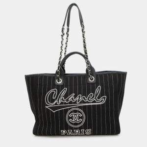 Pre Owned Chanel Deauville Mm Canvas Chain Tote Bag Black