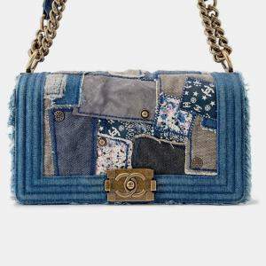 Pre Owned Chanel Boy Chain Shoulder Bag With Coco Mark And Patchwork Denim