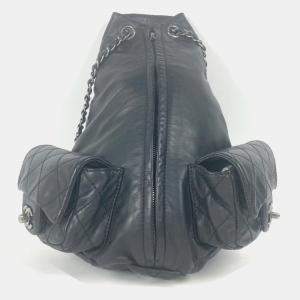 مملوكة مسبقًا Chanel Double Pocket Quilted Bag Zipper Chain Backpack Gunmetal Rucksack Leather Black