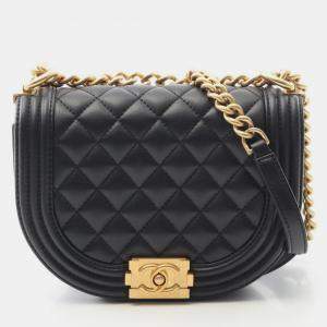 Pre Owned Chanel Boy Chanel Small Shoulder Bag Lambskin Leather Black