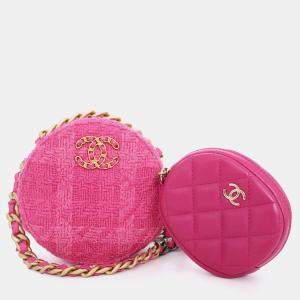 مملوكة مسبقًا Chanel 2019-20 Fuchsia Pink Tweed 19 Round Clutch with Coin Purse