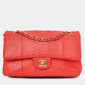 مملوكة مسبقًا Chanel 2016-17 Red Python Leather Medium Double Flap Bag