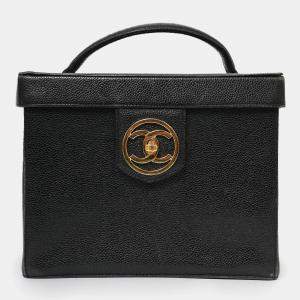 Pre Owned Chanel 1991-94 Vintage Black Caviar Leather CC Box Vanity Makeup Case with Chain Strap