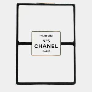 Pre Owned Chanel Black/White Leather No. 5 Perfume Clutch Evening Clutch