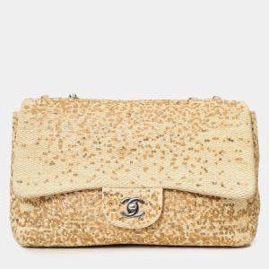 مملوكة مسبقًا Chanel 2013-14 Beige Raffia Sequin Small Single Flap Bag