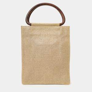 مملوكة مسبقًا Chanel 2000-02 Beige CC Stitched Woven Linen Wood Handle Tote Bag