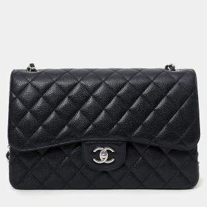 Pre Owned Chanel 2021+ Black Caviar Leather Jumbo Double Flap