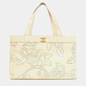 Pre Owned Chanel Cream Camellia Patent Perforated Tote