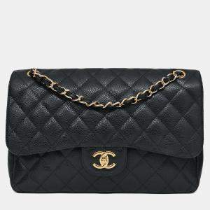 Pre Owned Chanel 2011-12 Black Caviar Leather Classic Jumbo Double Flap GHW
