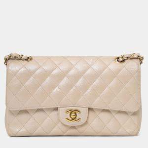 مملوكة مسبقًا Chanel 2012 Pearly Beige Caviar Leather Medium Classic Double Flap Bag