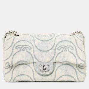 Pre Owned Chanel 2021 Blue Denim Wave Jumbo Flap Bag