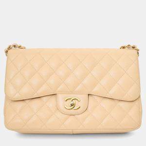 Pre Owned Chanel 2010-11 Beige Caviar Leather Jumbo Classic Double Flap Bag