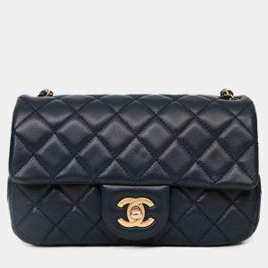 Pre Owned Chanel 2019-20 Navy Lambskin Leather Mini Rectangular Pearl Crush Flap Bag