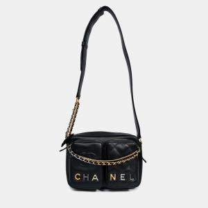 Pre Owned Chanel 2022 Black Leather Chain Detail Camera Bag