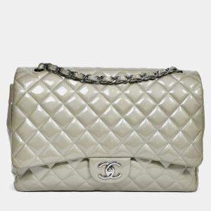 مملوكة مسبقًا Chanel 2012/13 Grey Patent Quilted Maxi Double Flap Shoulder Bag