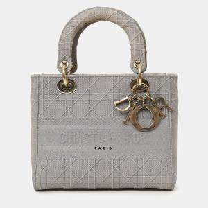 Pre Owned Christian Dior 2020 Grey Cannage Embroidered Canvas Medium Lady D-Lite With Strap