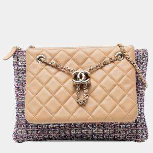 مملوكة مسبقًا Chanel Brown Quilted Lambskin and Tweed Double Case with Chain