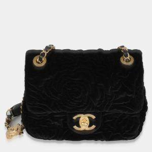 مملوكة مسبقًا Chanel Black Camellia Embossed Velvet Mini Square Flap Bag