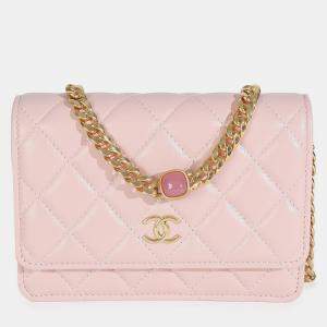 Pre Owned Chanel Pink Quilted Lambskin CC Pearl Enamel Clutch On Chain
