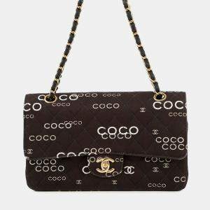 Pre Owned Chanel Matelasse Double Flap Chain Shoulder Coco Print Black Canvas Size 25