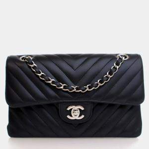 Pre Owned Chanel Small Black Lambskin Classic Double Flap Bag
