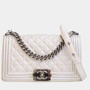 Pre Owned Chanel Medium Silver Lambskin Perforated Boy Bag