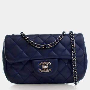 Pre Owned Chanel Mini Blue Lambskin Crystals Rectangular Flap Bag
