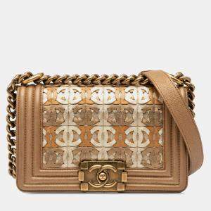 مملوكة مسبقًا Chanel Brown Small Quilted Metallic Lambskin Interwoven CC Boy Flap