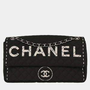 Pre Owned Chanel Black Satin Straight Flap Shoulder Bag