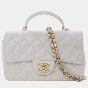 Pre Owned Chanel White Mini Rectangular Lambskin Top Handle Flap