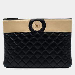 Pre Owned Chanel Black Brown CC Bicolor Quilted Lambskin Clutch