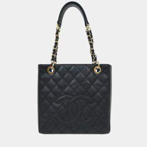 Pre Owned Chanel Black Calfskin Petite Shopping Tote PST Chain Handbag