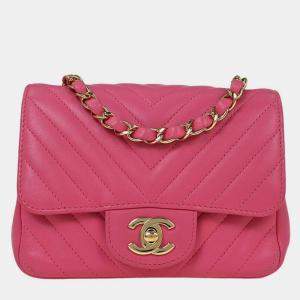 Pre Owned Chanel Pink Lambskin Chevron Mini Classic Square Flap Bag
