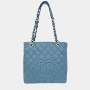 Pre Owned Chanel Light Blue Calfskin Petite Shopping Tote PST Chain Handbag