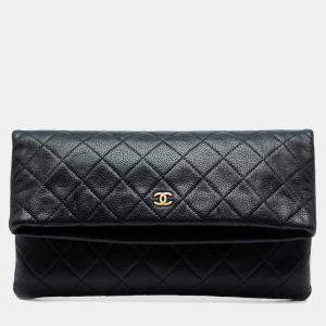 Pre Owned Chanel Black Quilted Caviar CC Beauty Foldover Clutch