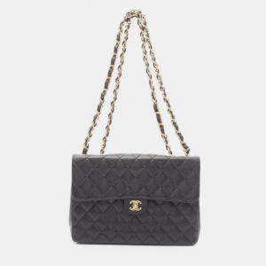 Pre Owned Chanel Deca Matelasse 30 Single Flap Shoulder Bag In Grained Calfskin Leather Black
