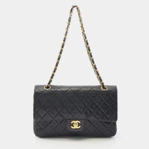 Pre Owned Chanel Matelasse Double Flap Shoulder Bag In Lambskin Leather Black