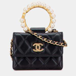 مملوكة مسبقًا Chanel Coco Mark Mini Matelasse Top Handle Chain Shoulder Bag Black Lambskin With Faux Pearl